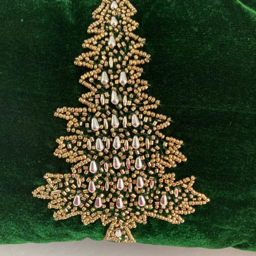 Rachel Ashwell Velvet Beaded Christmas Trees Throw Pillow 14x22 Green EUC
